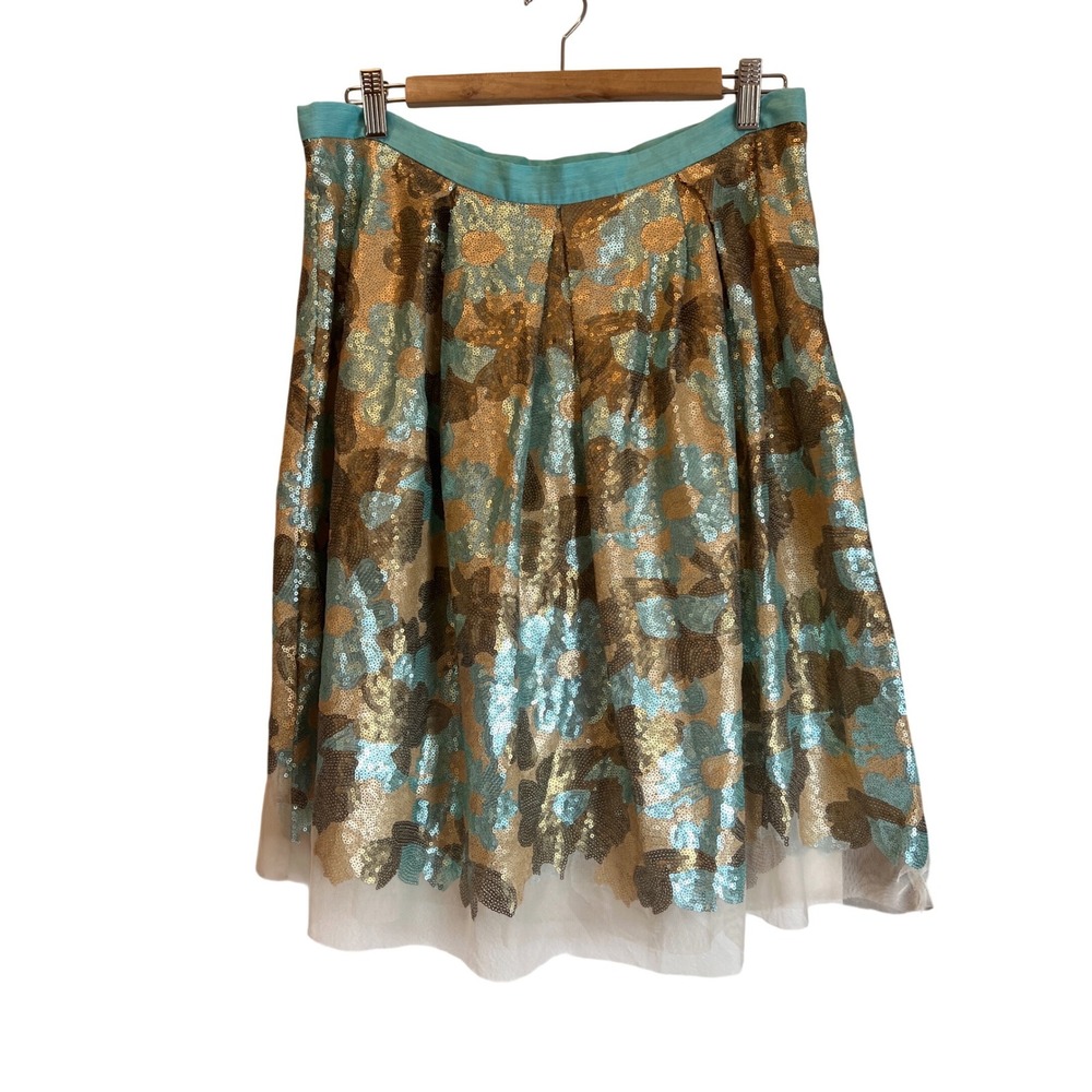 Eva Franco Womens Floral‎ Sequin Midi Skirt Turquoise Gold Bronze Size 12